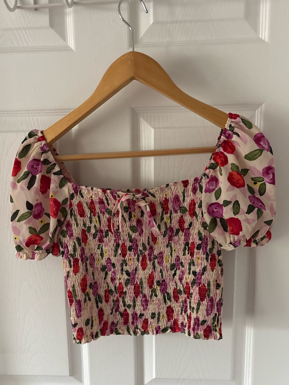 TCEC Floral Smocked Puff Sleeve Crop Top Multi Color Size M